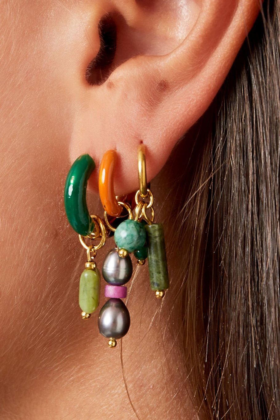 Oorbellen met Gekleurde Charm Large Green &amp; Gold Stainless Steel Afbeelding2
